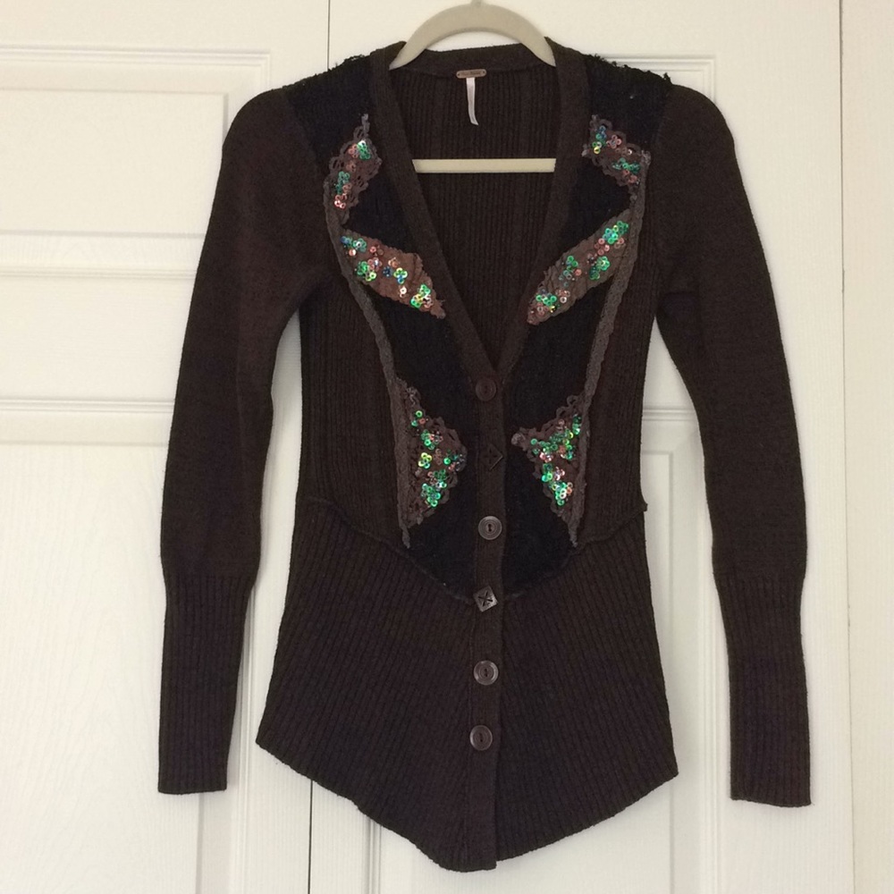 Free People Brown Cardigan with lace detail